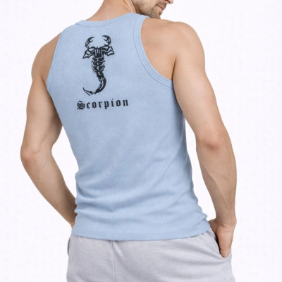 Erkek Fitilli Atlet Sıfır Yaka Slim Fit Arka Baskılı Spor Atlet - Bebek Mavisi