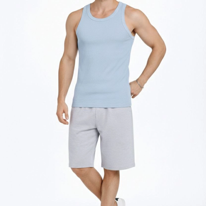 Erkek Fitilli Atlet Sıfır Yaka Slim Fit Arka Baskılı Spor Atlet - Bebek Mavisi