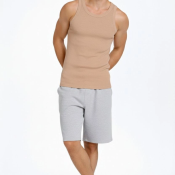 Erkek Fitilli Atlet Sıfır Yaka Slim Fit Arka Baskılı Spor Atlet - Bej