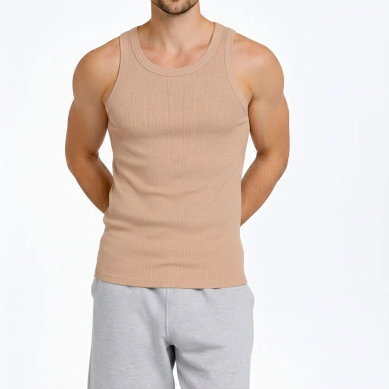 Erkek Fitilli Atlet Sıfır Yaka Slim Fit Arka Baskılı Spor Atlet - Bej