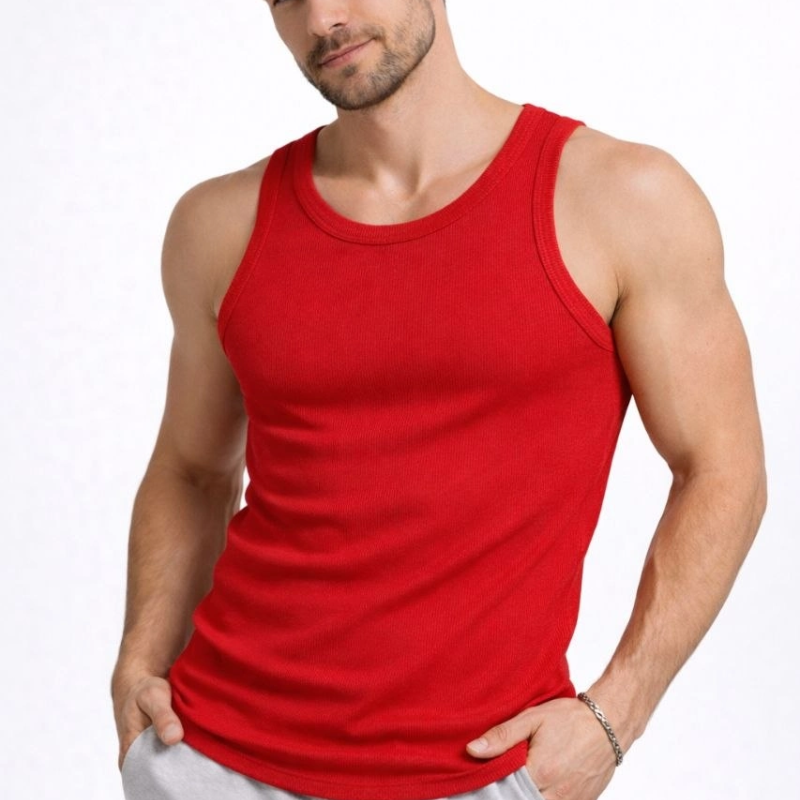 Erkek Fitilli Atlet Sıfır Yaka Slim Fit Arka Baskılı Spor Atlet - Kırmızı