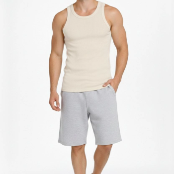 Erkek Fitilli Atlet Sıfır Yaka Slim Fit Arka Baskılı Spor Atlet - Krem