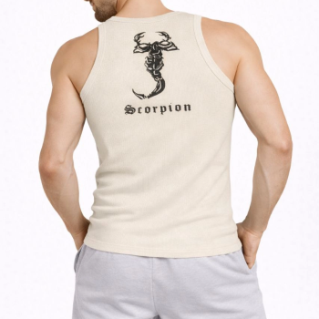 Erkek Fitilli Atlet Sıfır Yaka Slim Fit Arka Baskılı Spor Atlet - Krem