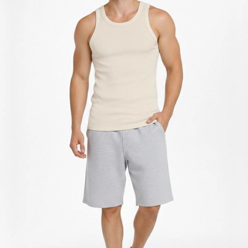 Erkek Fitilli Atlet Sıfır Yaka Slim Fit Arka Baskılı Spor Atlet - Krem