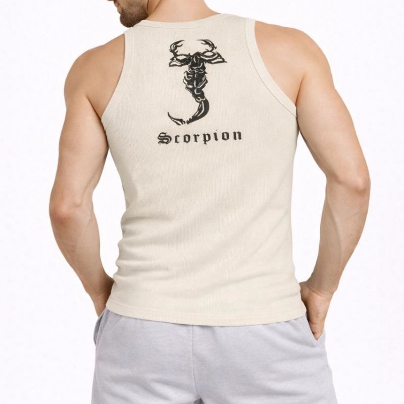 Erkek Fitilli Atlet Sıfır Yaka Slim Fit Arka Baskılı Spor Atlet - Krem