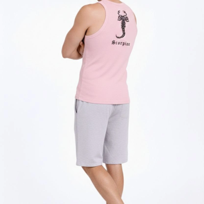 Erkek Fitilli Atlet Sıfır Yaka Slim Fit Arka Baskılı Spor Atlet - Pembe