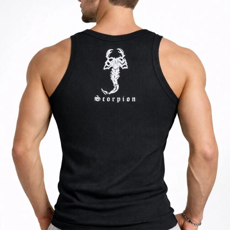 Erkek Fitilli Atlet Sıfır Yaka Slim Fit Arka Baskılı Spor Atlet - Siyah