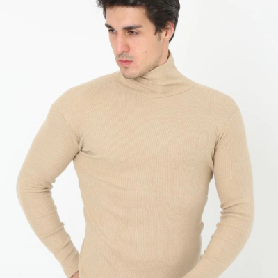 Erkek Fitilli Kaşkorse Kumaş Boğazlı Full Likralı Slimfit Body - Bej