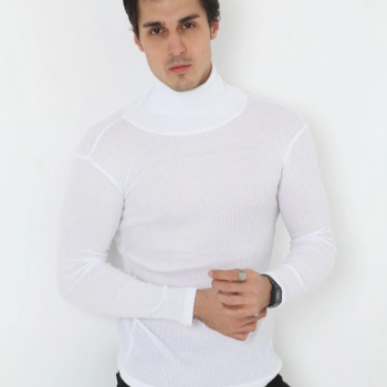 Erkek Fitilli Kaşkorse Kumaş Boğazlı Full Likralı Slimfit Body - Beyaz