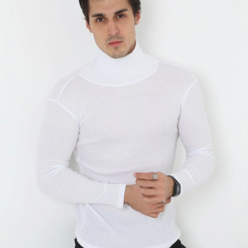 Erkek Fitilli Kaşkorse Kumaş Boğazlı Full Likralı Slimfit Body - Beyaz