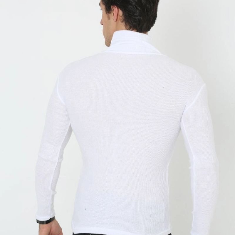 Erkek Fitilli Kaşkorse Kumaş Boğazlı Full Likralı Slimfit Body - Beyaz