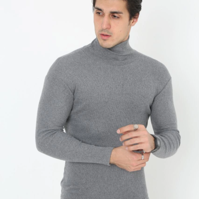 Erkek Fitilli Kaşkorse Kumaş Boğazlı Full Likralı Slimfit Body - Füme