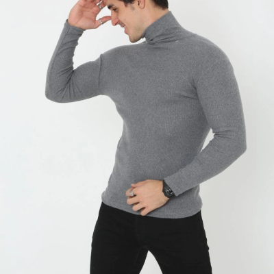 Erkek Fitilli Kaşkorse Kumaş Boğazlı Full Likralı Slimfit Body - Füme