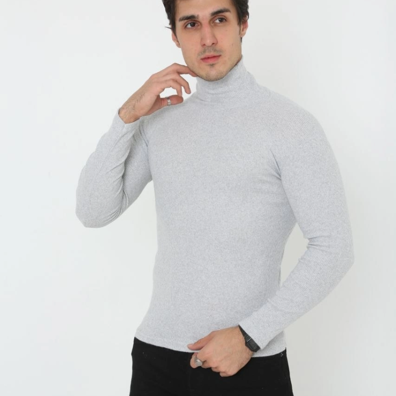 Erkek Fitilli Kaşkorse Kumaş Boğazlı Full Likralı Slimfit Body - Gri