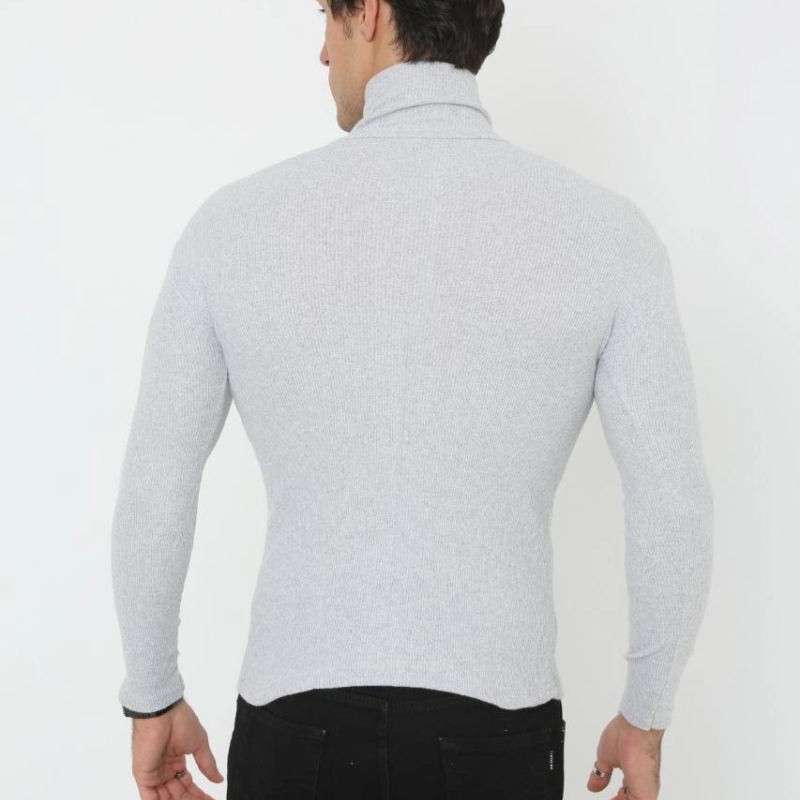 Erkek Fitilli Kaşkorse Kumaş Boğazlı Full Likralı Slimfit Body - Gri