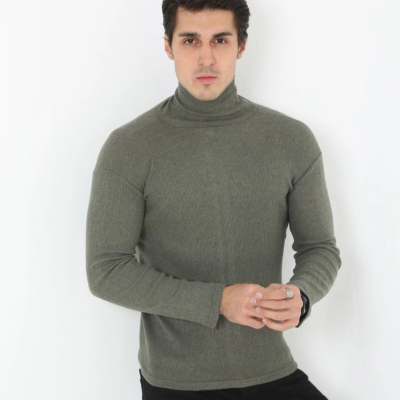 Erkek Fitilli Kaşkorse Kumaş Boğazlı Full Likralı Slimfit Body - Haki