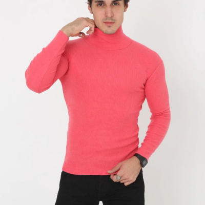 Erkek Fitilli Kaşkorse Kumaş Boğazlı Full Likralı Slimfit Body - Pembe