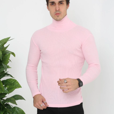 Erkek Fitilli Kaşkorse Kumaş Boğazlı Full Likralı Slimfit Body - Toz Pembe