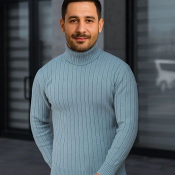 Erkek Fitilli Kazak Tam Boğazlı Balıkçı Yaka Triko 2'li Set Bebek Mavisi-Siyah