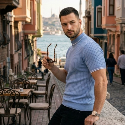 Erkek Fitilli Triko Dokuma Kısa Kol Tişört Yarım Boğaz Modern Yazlık T-Shirt - Bebe Mavisi