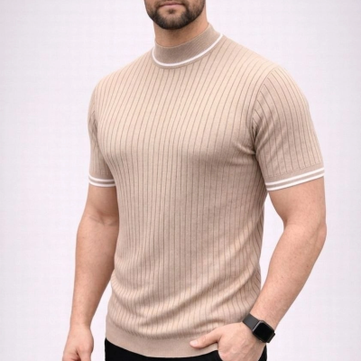 Erkek Fitilli Triko Dokuma Kısa Kol Tişört Yarım Boğaz Modern Yazlık T-Shirt - Bej