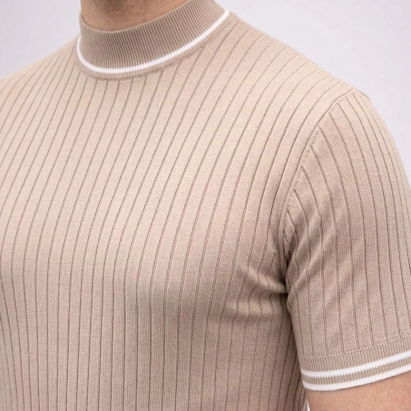 Erkek Fitilli Triko Dokuma Kısa Kol Tişört Yarım Boğaz Modern Yazlık T-Shirt - Bej