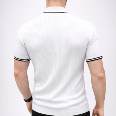 Erkek Fitilli Triko Dokuma Kısa Kol Tişört Yarım Boğaz Modern Yazlık T-Shirt - Beyaz