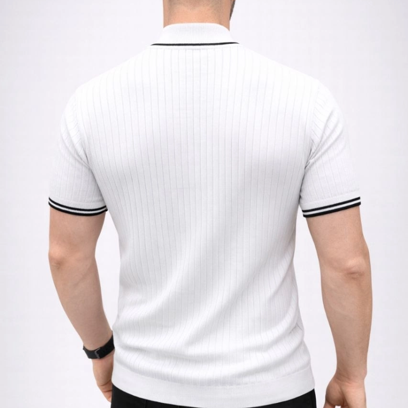 Erkek Fitilli Triko Dokuma Kısa Kol Tişört Yarım Boğaz Modern Yazlık T-Shirt - Beyaz