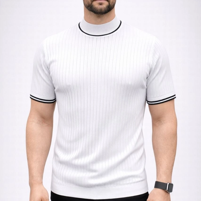 Erkek Fitilli Triko Dokuma Kısa Kol Tişört Yarım Boğaz Modern Yazlık T-Shirt - Beyaz