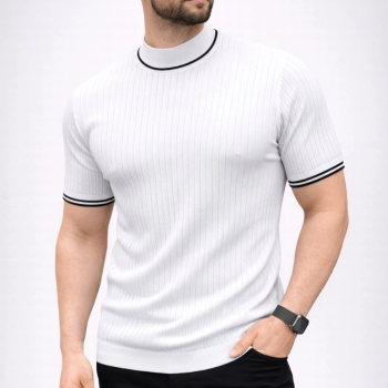 Erkek Fitilli Triko Dokuma Kısa Kol Tişört Yarım Boğaz Modern Yazlık T-Shirt - Beyaz
