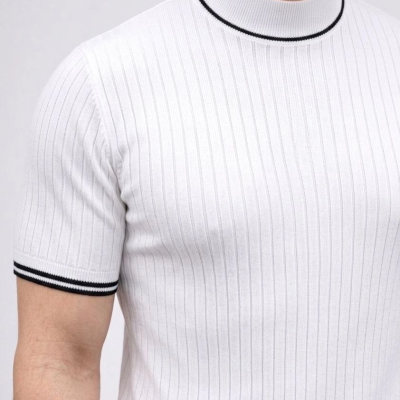 Erkek Fitilli Triko Dokuma Kısa Kol Tişört Yarım Boğaz Modern Yazlık T-Shirt - Beyaz