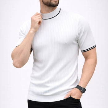 Erkek Fitilli Triko Dokuma Kısa Kol Tişört Yarım Boğaz Modern Yazlık T-Shirt - Beyaz