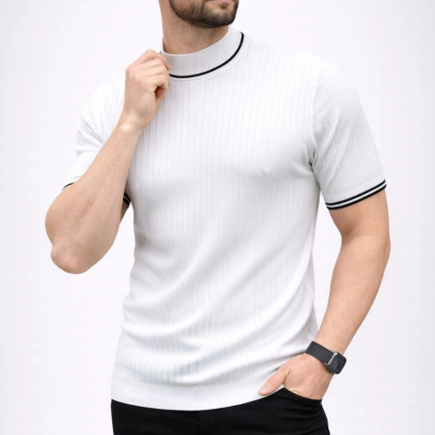 Erkek Fitilli Triko Dokuma Kısa Kol Tişört Yarım Boğaz Modern Yazlık T-Shirt - Beyaz