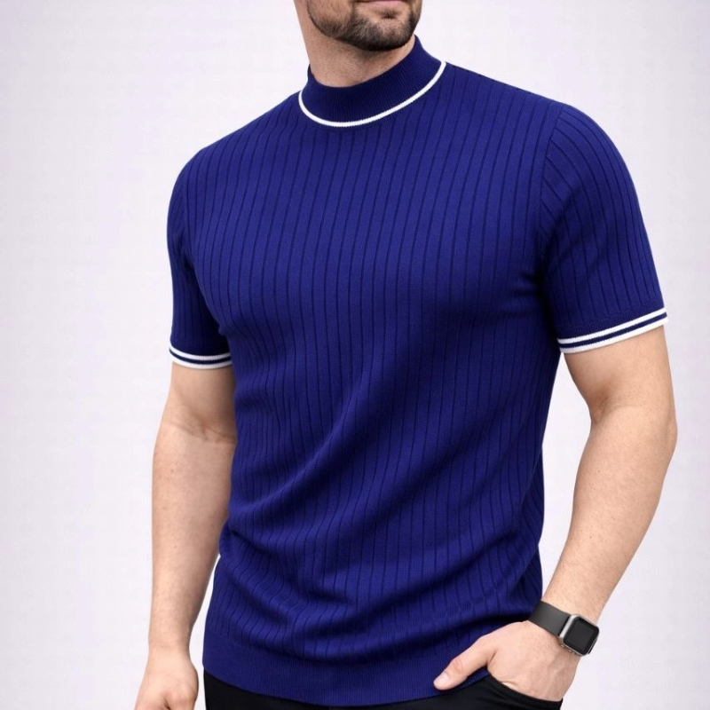 Erkek Fitilli Triko Dokuma Kısa Kol Tişört Yarım Boğaz Modern Yazlık T-Shirt - Lacivert