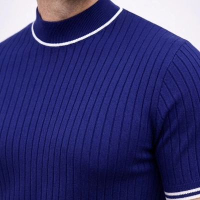 Erkek Fitilli Triko Dokuma Kısa Kol Tişört Yarım Boğaz Modern Yazlık T-Shirt - Lacivert