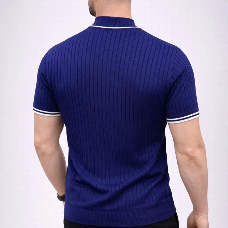 Erkek Fitilli Triko Dokuma Kısa Kol Tişört Yarım Boğaz Modern Yazlık T-Shirt - Lacivert