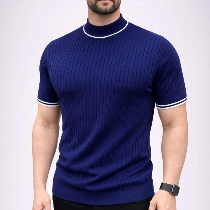 Erkek Fitilli Triko Dokuma Kısa Kol Tişört Yarım Boğaz Modern Yazlık T-Shirt - Lacivert