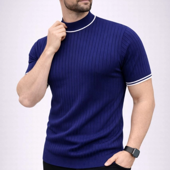 Erkek Fitilli Triko Dokuma Kısa Kol Tişört Yarım Boğaz Modern Yazlık T-Shirt - Lacivert