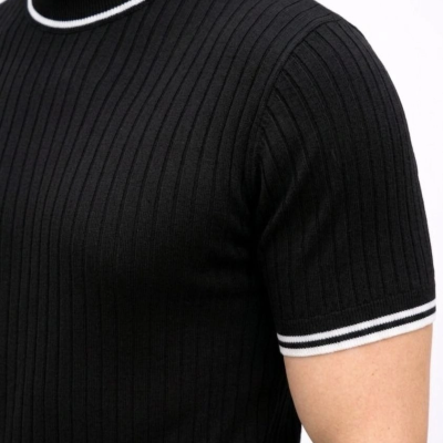 Erkek Fitilli Triko Dokuma Kısa Kol Tişört Yarım Boğaz Modern Yazlık T-Shirt - Siyah