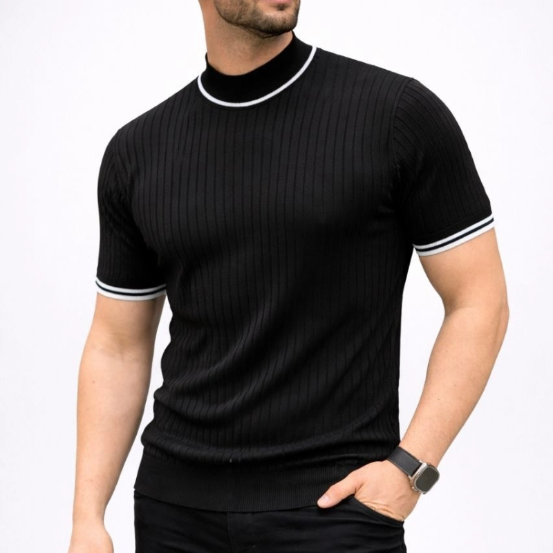 Erkek Fitilli Triko Dokuma Kısa Kol Tişört Yarım Boğaz Modern Yazlık T-Shirt - Siyah