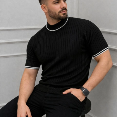 Erkek Fitilli Triko Dokuma Kısa Kol Tişört Yarım Boğaz Modern Yazlık T-Shirt - Siyah