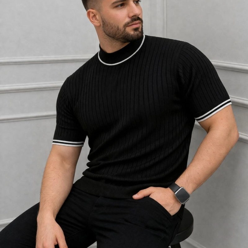 Erkek Fitilli Triko Dokuma Kısa Kol Tişört Yarım Boğaz Modern Yazlık T-Shirt - Siyah
