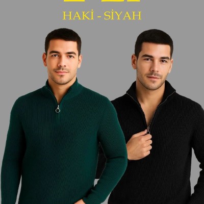 Erkek Fitilli Triko Kazak 2’li Set Siyah Haki Kalın Dokuma Pamuklu Regular Fit V Yaka