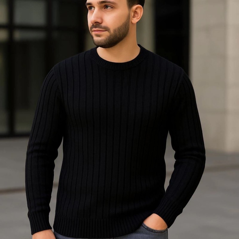 Erkek Fitilli Triko Kazak 3'lü Set Bej Gri Siyah Bisiklet Yaka Regular Fit