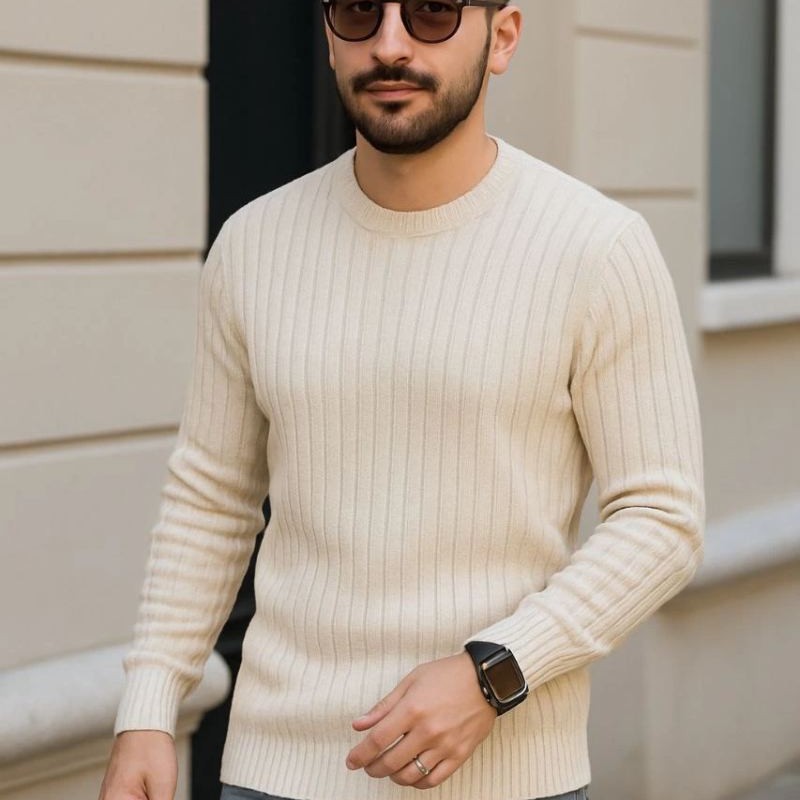 Erkek Fitilli Triko Kazak 3'lü Set Bej Gri Siyah Bisiklet Yaka Regular Fit