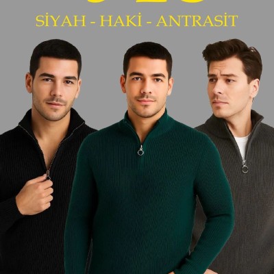 Erkek Fitilli Triko Kazak 3’lü Set Haki Siyah Antrasit Kalın Dokuma Pamuklu Regular Fit V