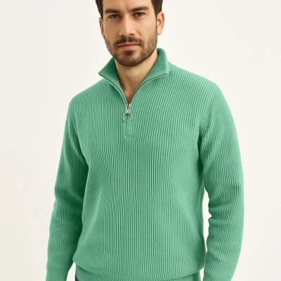Erkek Fitilli Triko Kazak 3’lü Set Mint Yeşili Siyah Füme Kalın Dokuma Pamuklu Regular Fit