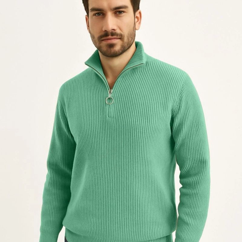 Erkek Fitilli Triko Kazak 3’lü Set Mint Yeşili Siyah Füme Kalın Dokuma Pamuklu Regular Fit