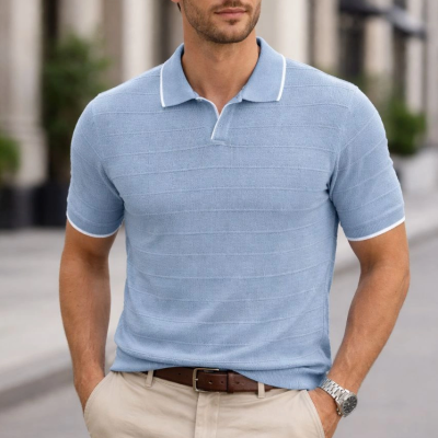 Erkek Fitilli Yazlık Triko Tişört Düğmesiz Polo Yaka Kısa Kol T-shirt - Bebek Mavisi