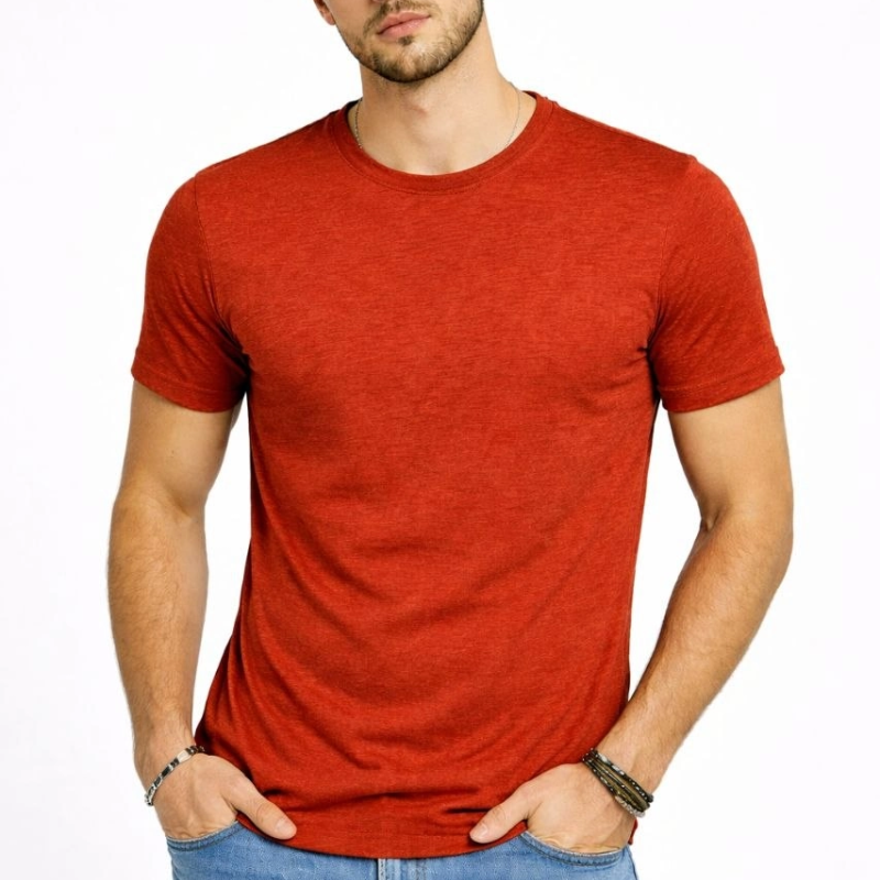 Erkek Flam Kumaş Melanj Dokulu Regular Fit Tişört Bisiklet Yaka Yazlık T-Shirt - Kiremit